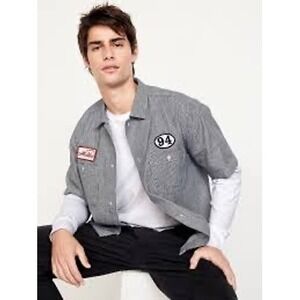 Old Navy Mens XL Cropped Hickory Stripe Workwear Shirt Malibu Patch Navy White